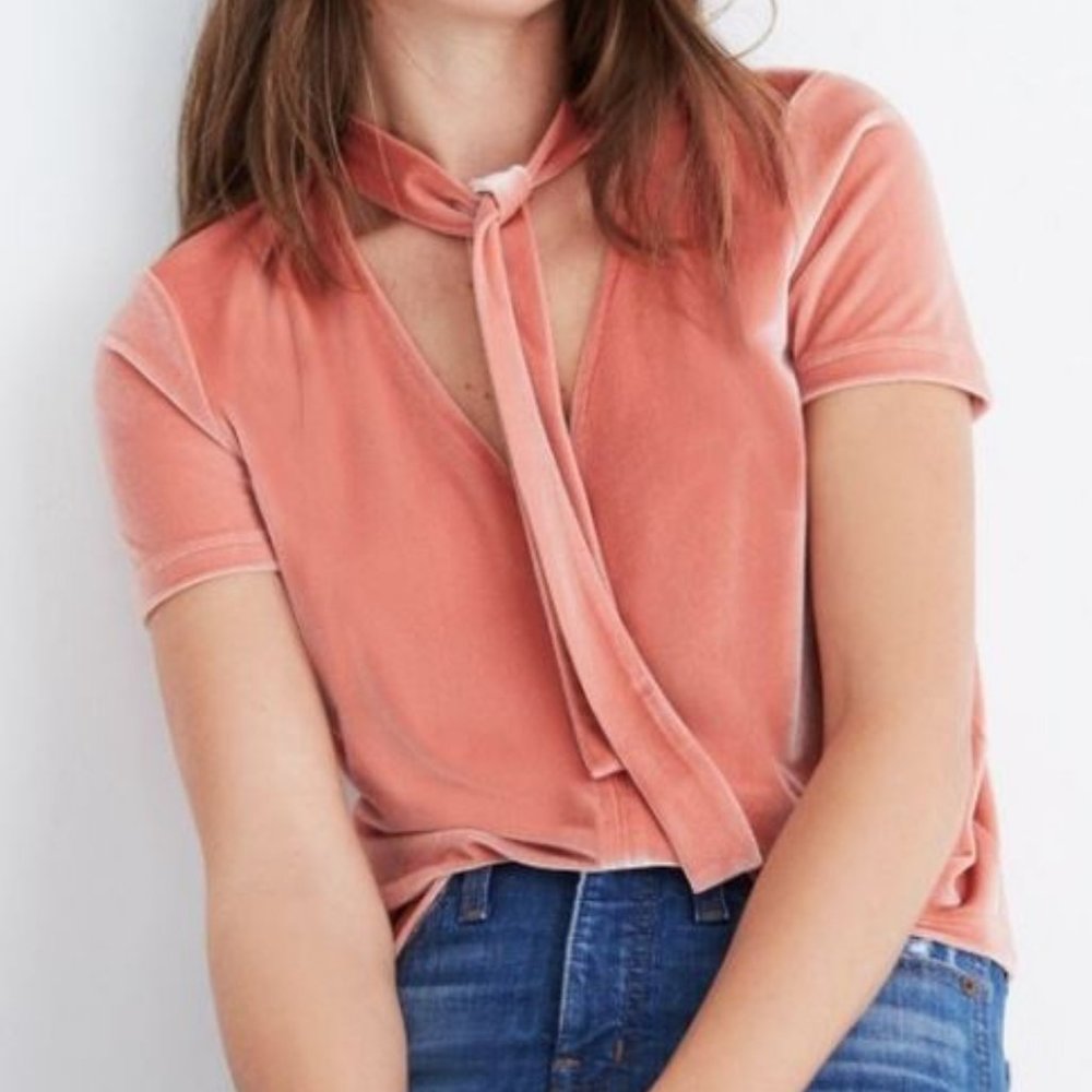 Madewell Velvet Tie-Neck Short Sleeve Coral Top EUC
